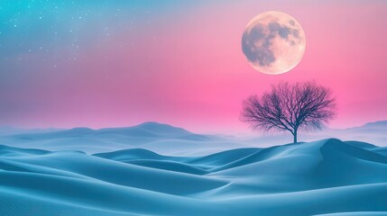 Surreal Desert Landscape with a Lone Tree Under a Bright Moon and Colorful Sky at Night