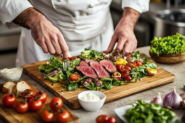 Professional Chef Mixing Salad with Rare Beef, Tomatoes, Lettuce on Wood Plate