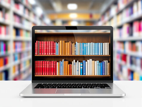 Laptop showing colorful digital bookshelf on screen, realistic style, with blurred library background. Concept of online education and e-learning. Ai generative