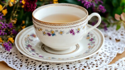 Fototapeta premium Floral teacup on lace with flowers
