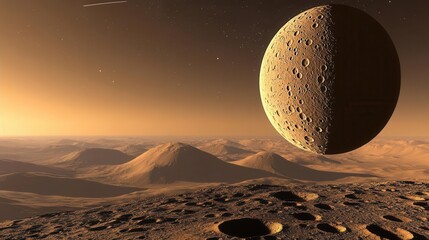 Surreal Landscape of an Alien Planet with Majestic Mountains Beneath a Cosmic Dawn