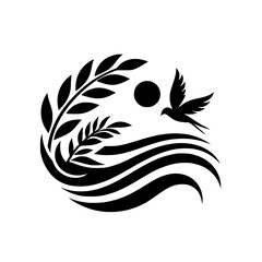 Serene Black & White Emblem: Dove, Olive Branch & Waves