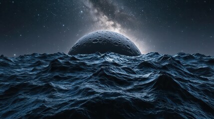Surreal Nighttime Ocean Scene with Waves Under a Starry Sky and Distant Celestial Body