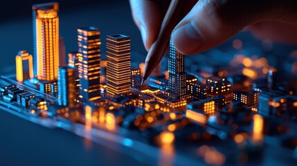 Obraz premium Detailed Model City Scene with Glowing Lights and Hand Enhancing Miniature Buildings at Night