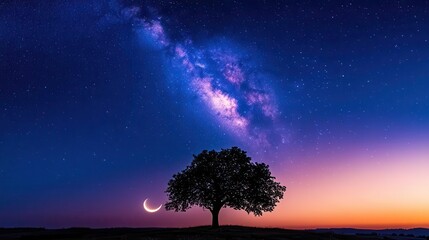 Tree Silhouette Under Milky Way and Crescent Moon Against Vibrant Twilight Sky