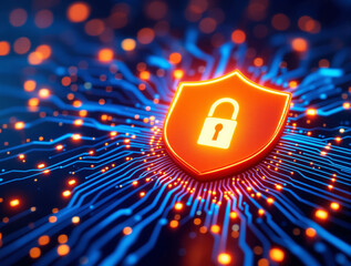 Glowing orange shield with padlock icon on a circuit board background, futuristic tech style with blue and orange lights, concept of cybersecurity. Ai generative