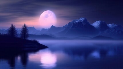 Moonlit Landscape with Mountains and Reflective Lake Under a Starry Night Sky