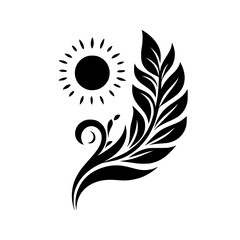 Black and White Nature Motif: Sun, Leaves, and Flourishes