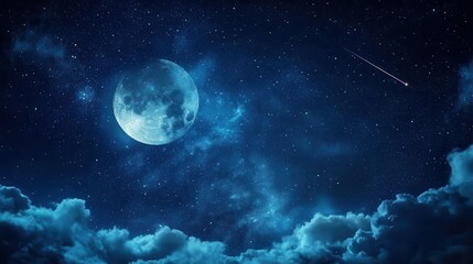 Vast Night Sky with Full Moon and Stars Illuminating Wispy Clouds in a Serene Atmosphere