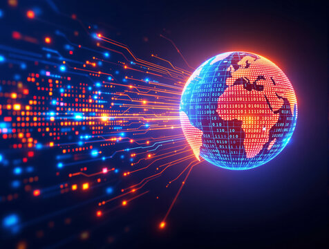 Glowing digital globe with binary code and flowing data lines on a dark tech background, symbolizing global connectivity and digital communication. Ai generative