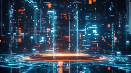 Fototapeta premium Advanced Cybersecurity System Visualization with Glowing Data Streams and Hub