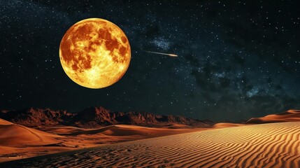 Vibrant Full Moon Illuminating Desert Landscape Under a Starry Night Sky