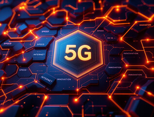 Futuristic 5G tech concept featuring glowing hexagons, data circuits, and digital elements on a dark tech background, symbolizing speed and innovation. Ai generative