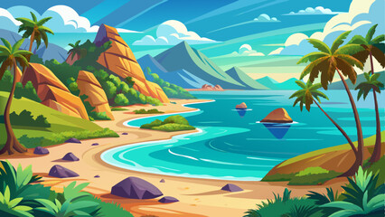 vector of peaceful African coastline where turquoise waters meet sandy beaches and palm trees