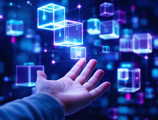 A hand reaches toward glowing neon tech cubes in a digital cyber environment, futuristic style, on a dark background. Concept of blockchain technology. Ai generative