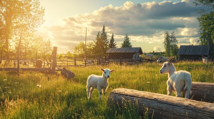Idyllic goat farm scene at sunset with playful kids and tranquil atmosphere