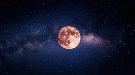 Vibrant Full Moon Illuminating Starry Sky Over Deep Space in Nighttime Landscape