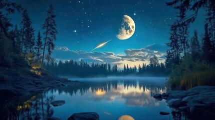 Tranquil Night View of a Calm Lake with Full Moon Stars and Reflection in a Serene Forest
