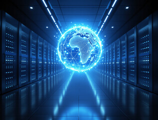 Glowing digital globe inside a futuristic server room with blue lights, tech style, on a corridor background, concept of global data network, Ai generative
