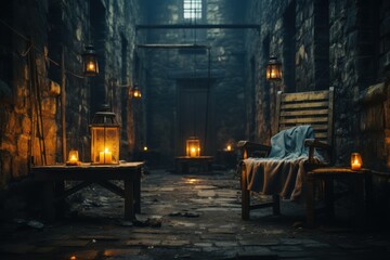 A dilapidated prison cell features a bare bed and a candle on a table, surrounded by dirt and debris. The barred window lets in faint light, enhancing the atmosphere of hopelessness.