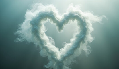 Naklejka premium A heart-shaped cloud appears in the sky, created from drifting mist and fog, morphing with the breeze. 