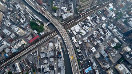 Aerial shot showcasing the intricate network of stormwater channels underground pipes and other drainage infrastructure that helps manage water flow and prevent flooding in a metropolitan area