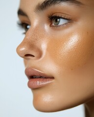 Fototapeta premium Woman with dewy glowing skin in natural light close-up