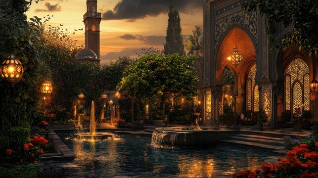 Serene Islamic Garden at Sunset with Water Features and Ornamental Illumination