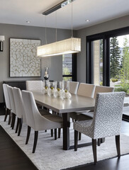 Fototapeta premium Modern dining room and kitchen interior with stylish furniture and contemporary design