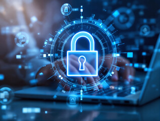 Glowing digital padlock icon with data interface overlay, futuristic tech style, over blurred hands on laptop, concept of cybersecurity. Ai generative