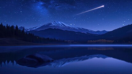 Majestic Mountain Under Starry Night Sky with Reflections in Calm Lake and Meteor Shower