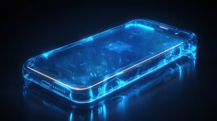 Futuristic transparent smartphone showcasing a holographic interface with a neon blue glow against a dark background, ideal for showcasing modern technology