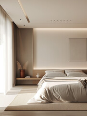 Luxury hotel bedroom with comfortable bed, modern furniture, and stylish decor