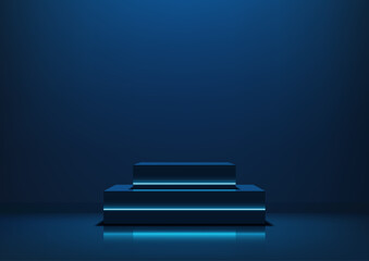 modern 3D blue neon podium mockup for product display showcase technology stage futuristic glowing lighting sleek corporate event