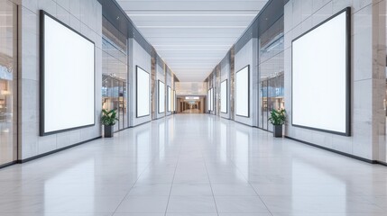 Obraz premium Modern and Minimalist Gallery Hallway with Empty Frames and Bright Lighting