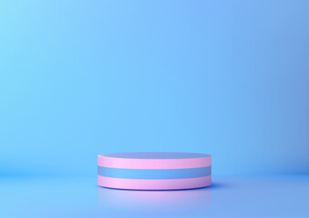 3D pink blue striped cylindrical podium mockup, minimal product display stand on light blue backdrop, modern showcase