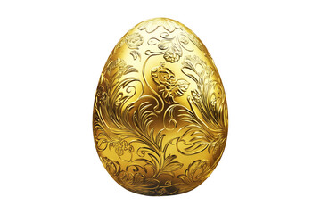 Elegant golden Easter egg with detailed floral engravings isolated on white transparent background. Symbol of luxury, wealth, and Easter celebrations