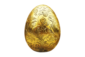Elegant golden Easter egg with detailed floral engravings isolated on white transparent background. Symbol of luxury, wealth, and Easter celebrations