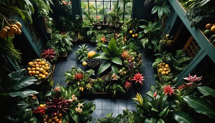 Fototapeta premium Lush Tropical Indoor Garden with Exotic Fruits and Flowers