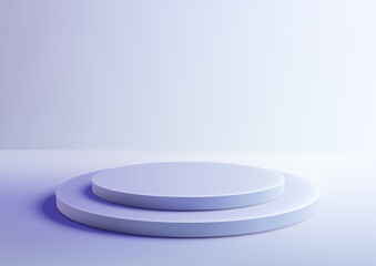 3d round two tiered podium mockup in soft gradient light purple minimalist product display showcase on clean backdrop