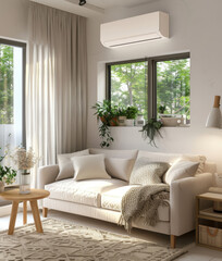 Modern living room interior with fireplace, sofa, and contemporary furniture, featuring a stylish design, comfortable decor, and luxurious atmosphere