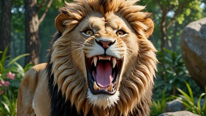 Fototapeta premium Roaring Lion Showing Teeth in Forest Setting with Green Foliage