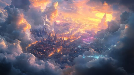 Fototapeta premium A breathtaking fantasy cityscape nestled amongst dramatic clouds and fiery skies. Perfect for fantasy, sci-fi, or magical themes.