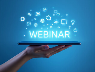 Hand holding a tablet with glowing WEBINAR text and tech icons floating above, futuristic style, blue background, concept of online education. Ai generative
