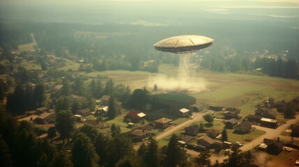 A flying saucer is seen hovering over a peaceful small North American town, with houses and trees beneath it during the year 1980, evoking curiosity and wonder about extraterrestrial life.