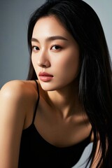 a close up of a woman with long black hair and a black tank top