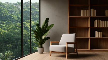 Cozy modern living room with armchair, large window, and bookshelf overlooking lush green forest landscape