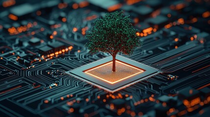Tree Growing on Computer Chip Symbolizing Technology, Nature, and Future Sustainability Concepts