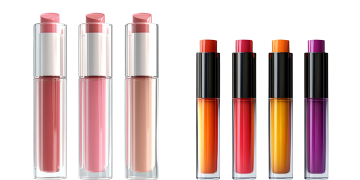 3d set of lip gloss, liquid lipstick tube mockup png r icon. Color lipgloss packaging, open and closed cosmetic makeup beauty product isolated on clean and clear white background