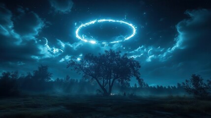Mystical Night Sky with Glowing Ring Above a Single Tree in a Serene Landscape